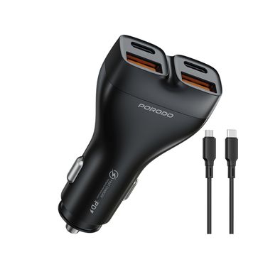 Porodo Dual Power Car Charger with USB-C to USB-C Cable, PD 30W, QC 18W, ×2 USB-A & ×2 USB-C Ports, 102W High Power Output, Fast Charging Technology, Smart Charging Protocols, Compact Design - Black