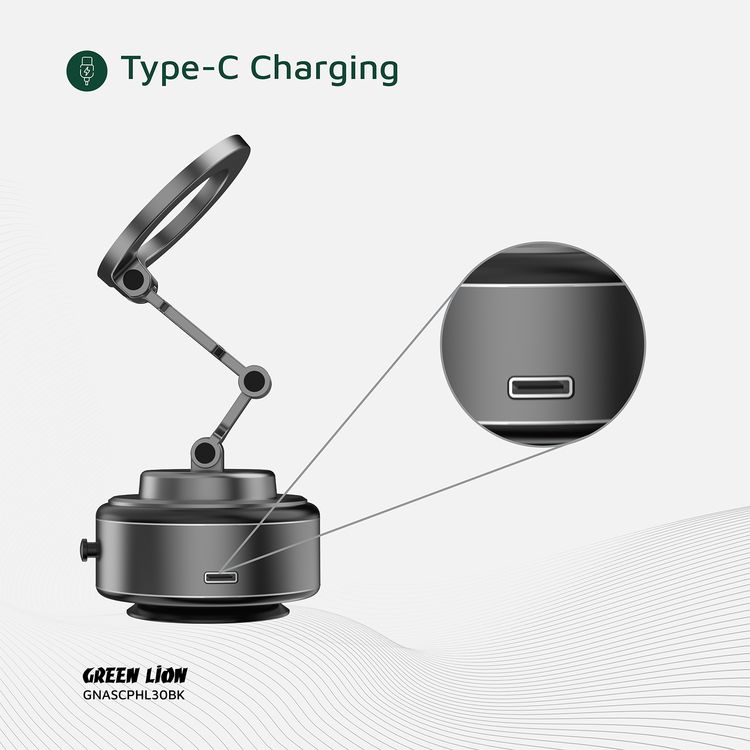 Green Lion GX-30 Auto Suction Phone Holder with 360° Rotation, Strong Suction Cup, 1.5kg Adsorption, One-Hand Operation, MagSafe Compatible, Type-C Charging, 14 Days Working Time - Matte Black