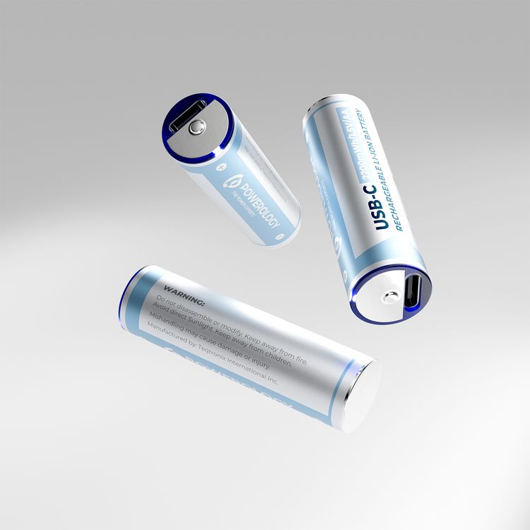 Powerology Rechargeable Lithium-ion AA Battery with 1460mAh Battery Capacity, 1.5V Operating Voltage, Type-C Port, Over 1000 Life Cycles, 2200mWh Battery Power - White