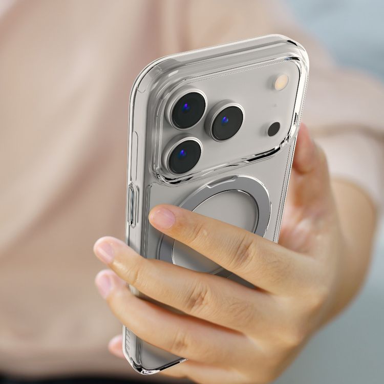 Levelo Verona MagSafe Kickstand Hybrid Case for iPhone 17 Pro, TPU, PC & Aluminum Material, Drop-Tested, Raised Bezels for Camera & Screen, Shock-Resistant Bumper, Multi-Functional Ring Kickstand - Transparent