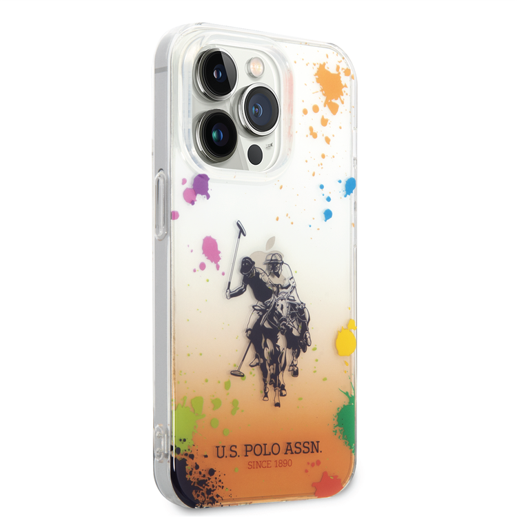 USPA PC/TPU Gradient Case with Splattered Pattern & Horse Logo iPhone 14 Pro Compatibility - Orange