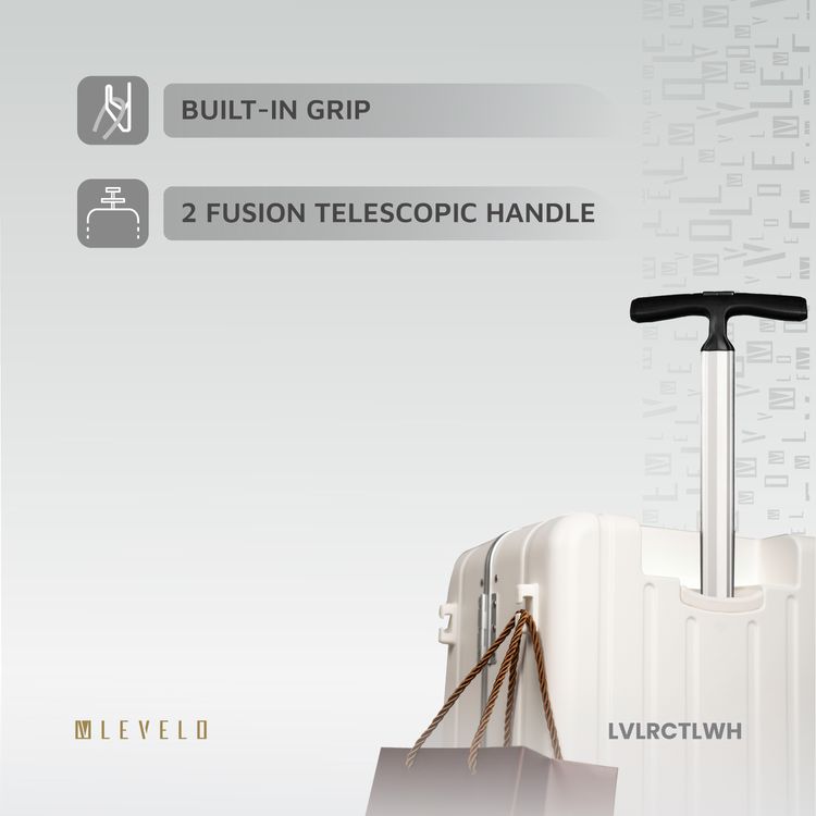 Levelo RoamCruiser 20" Travel Luggage with Detachable Kid Holder, Impact Resistance, PC & Aluminum Material, 50kg Weight Capacity, Silent Wheels, Hypoallergenic Interior, 2 Fusion Telescopic Handles, Integrated Wheel Locks, Built-in Document Holder - White