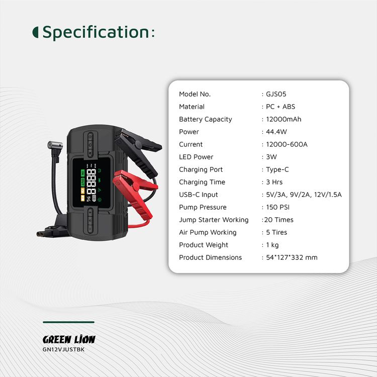 Green Lion 12V Jump Starter with 12000mAh Battery Capacity, 4 Modes Inflation, Safety Protection, Wide Compatibility, Digital Display, 2 USB-A Ports, 44.4W Power  - Black