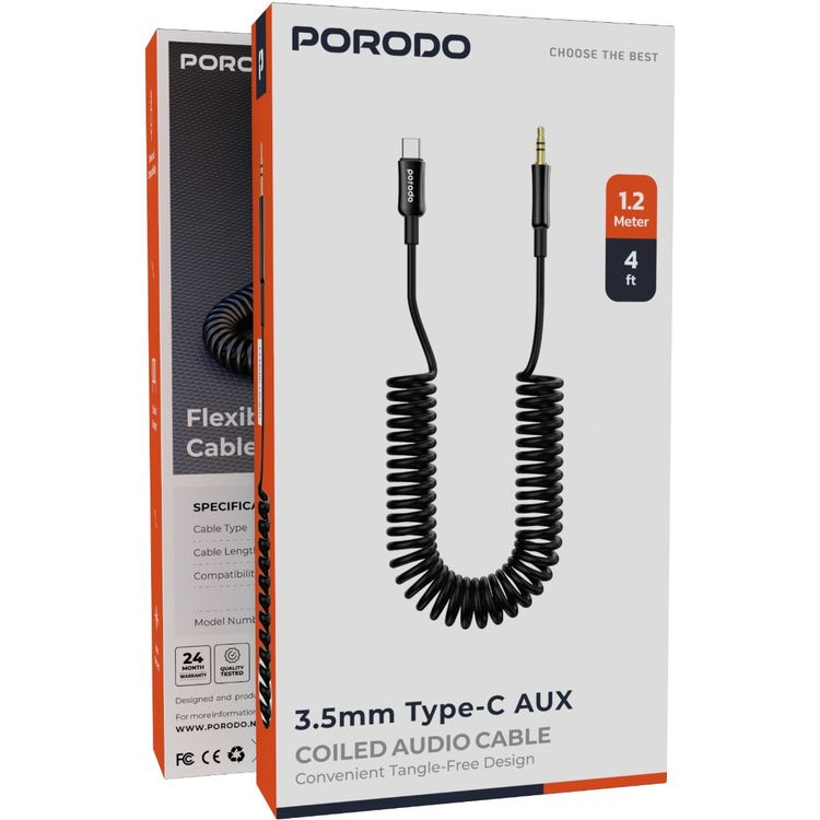 كابل صوتي حلزوني من بورودو 3.5 ملم AUX إلى USB-C بطول 1.2 متر، متوافق عالميًا، بتصميم مضاد للتشابك والتراجع التلقائي - أسود