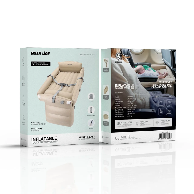 Green Lion Inflatable Toddler Travel Bed with Built-in Pillow & Adjustable Belt, Portable Inflation Bed for Kids Up to 100 cm Height,  Air Mattress with Safe Sidewalls, Air Pump & Carry Bag Included, 50 kg Load Capacity, Non-Toxic Material, for Car, Airplane, Indoor, and Outdoor - Beige