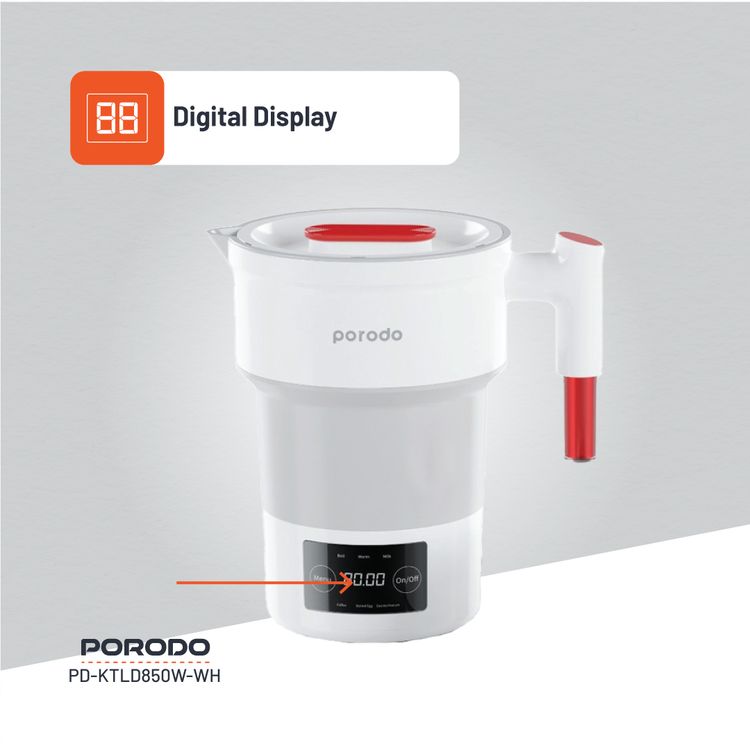 Porodo Lifestyle Portable Folding Electric Kettle Temperature Setting, 600ml  Water Capacity, Digital Display, High-Grade Silicone - White