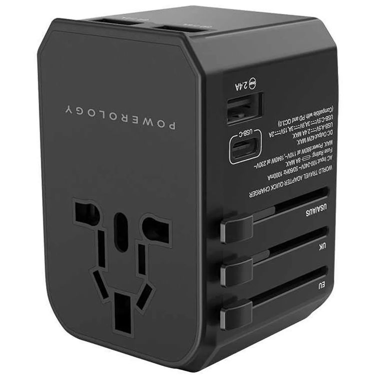 Powerology Universal Multi-Port Travel Charger with 45W Power Delivery, 8A Dual Fuse, Simultaneous Charging, Built-in Safeguards, Fast Charging, Active Protect - Black