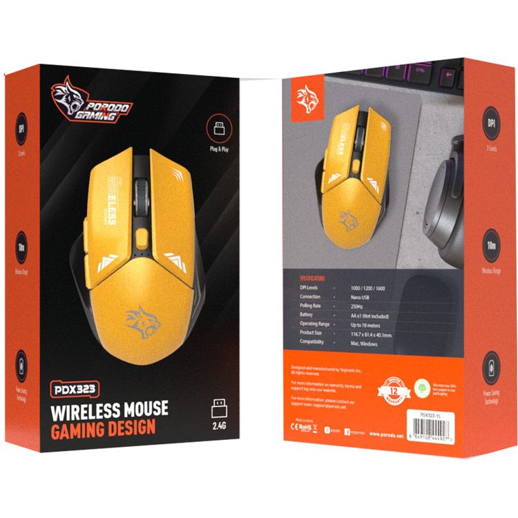 Porodo Gaming Wireless Mouse, 3 Levels DPI, 10m Wireless Range, Power Saving Technology, Mac & Windows Compatible - Yellow