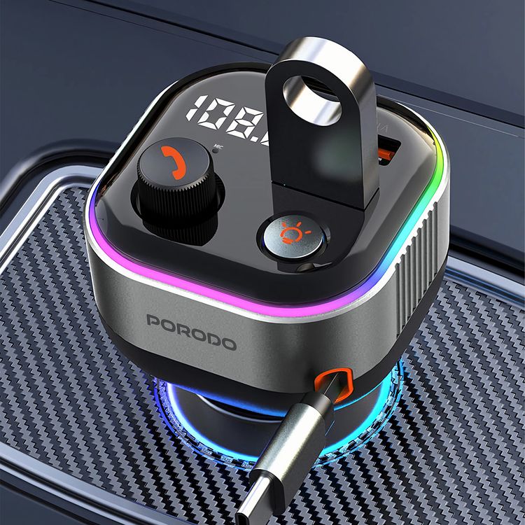 Porodo Audio Boost Bluetooth FM Transmitter Quick-Charge Car Charger with 65W PD, USB-A & USB-C Outputs, USB Flash, 80cm Retractable Type-C Cable, 87.5-107.8 FM Frequency, LED Ambient Lighting, Universal Compatibility - Dark Gray