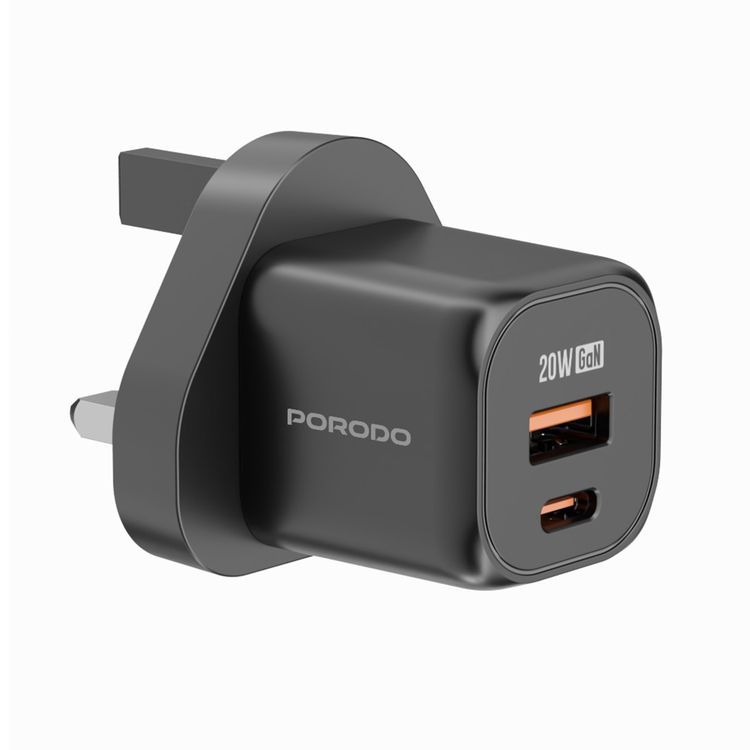 Porodo Dual Port Wall Charger with USB-C to USB-C Cable, Over-Heat Protection, Simultaneous Charging, Reliable Companion - Black