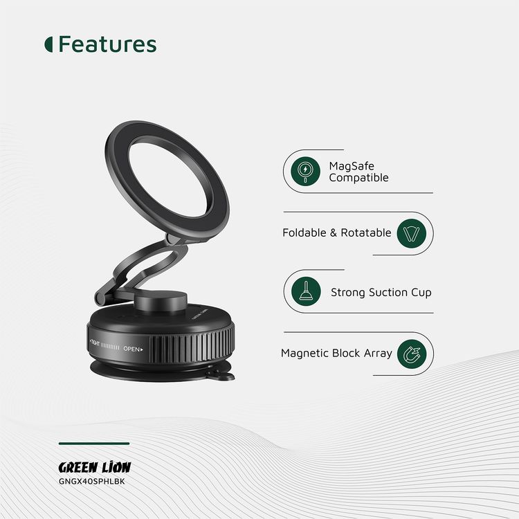 Green Lion GX-40 MagSafe Suction Phone Holder with Strong Suction Cup, MagSafe Compatible, Foldable & Rotatable, 360° Rotation, 1kg Adsorption Force, Vacuum Adsorption - Black