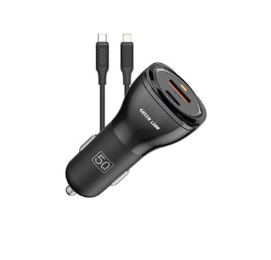 Green Lion Dual Port Car Charger with USB-C to Lightning Cable, PC Flame Retardant Materia, Fast Charging, QC 20W & PD 30W Output Ports, Ultra Portable - Black
