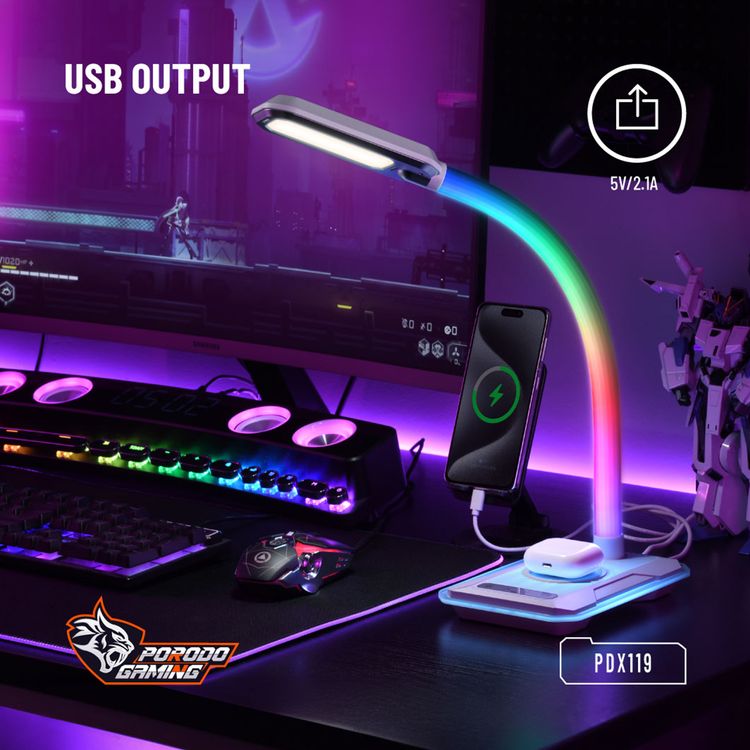 Porodo Gaming E-Sports Desk Lamp with Charging Base, Viewing Angle Adjustment, Colorful Light Adjustment, Brightness Levels, Plug & Play, 10W Max Wireless Output - White