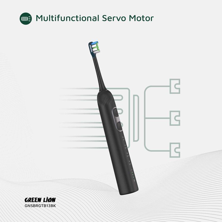 Green Lion Smart Brush 60° Ultrawide with Multifunctional Servo Motor, 2 Minutes Smart Timing, Up to 80 Uses Possible Per Each Charge, Soft Silicone Support, Travel Case Included, 60° Rotation, 30 Seconds Vibration Reminder - Black