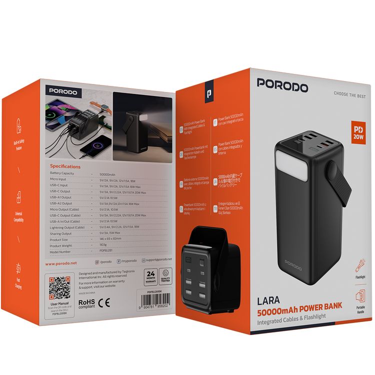باور بانك بورودو لارا 50000 مللي أمبير/ساعة مع مصباح يدوي، مقبض محمول، PD 20 وات، شحن سريع، منفذين USB-A وUSB-C وMicro، 4 كابلات مدمجة، توافق عالمي - أسود