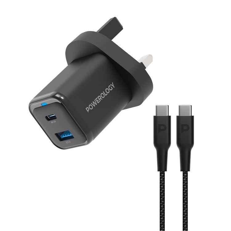 Powerology Dual Port Super Compact Quick Charger with USB-C To USB-C Braided Cable, 33W PPS Protocol, 35W USB-C Output, 18W USB-A Output - Black 