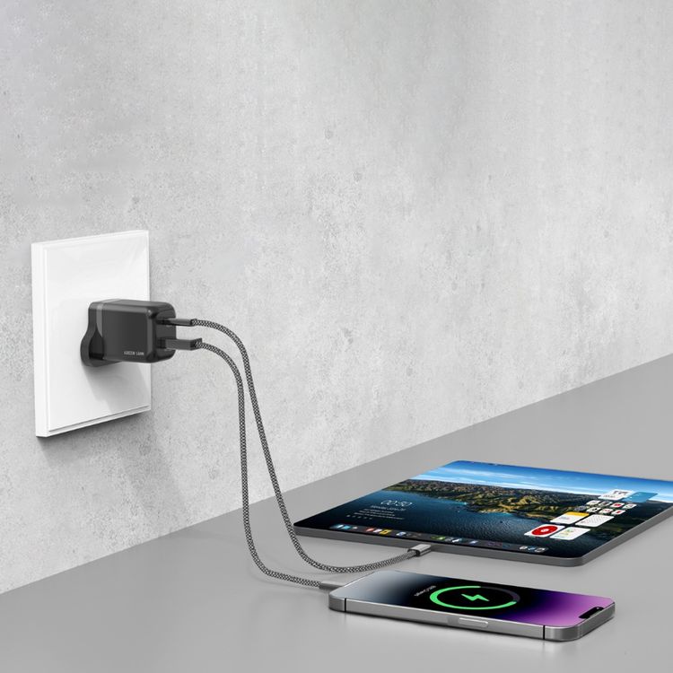 Green Lion Ultra Compact Gan Wall  Charger with Type-C to Lightning Cable, PD 35W, USB-A & USB-C Ports, 3-Pin UK Power Plug, PC Flame Retardant Material, Charging Protection, GaNStorm Technology - Black