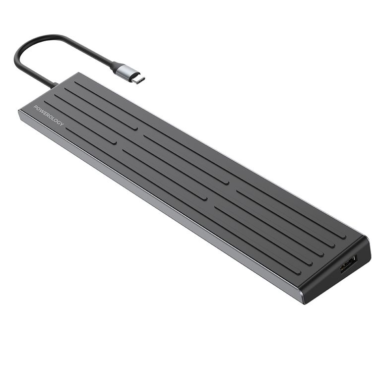 Powerology 13-in-1 Multi-Display USB-C Hub & Laptop Stand with 1000Mbps Ethernet, 3x v3 5Gbps USB-A Outputs, 2x v3 5Gbps USB-C Outputs, 2x 4K UHD HDMI, 4K UHD DP, SD & TF Card Slots, 3.5mm Aux Jack Audio, 18cm Cable, Triple Display Support, Kensington Lock - Black
