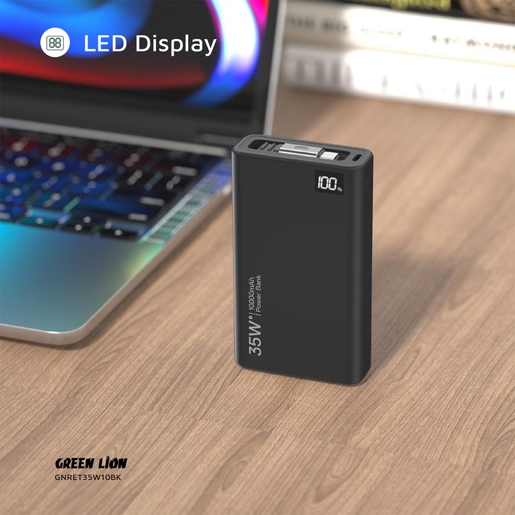 باور بانك جرين لايون 10000mAh قابل للسحب بقدرة 35W، مع شاشة LED، طول الكابل 75 سم، منفذ Type-C، دعم الشحن السريع - أسود