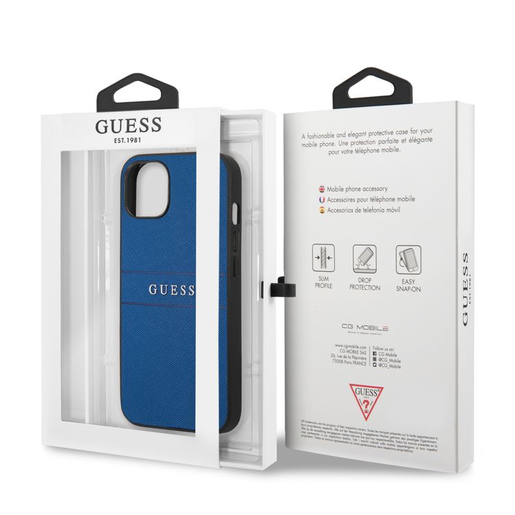 CG MOBILE Guess PU Leather Case Saffiano with Metal Logo Hot Stamp Stripes Compatible for iPhone 13 (6.1") Anti-Scratch, Easy Access to All Ports