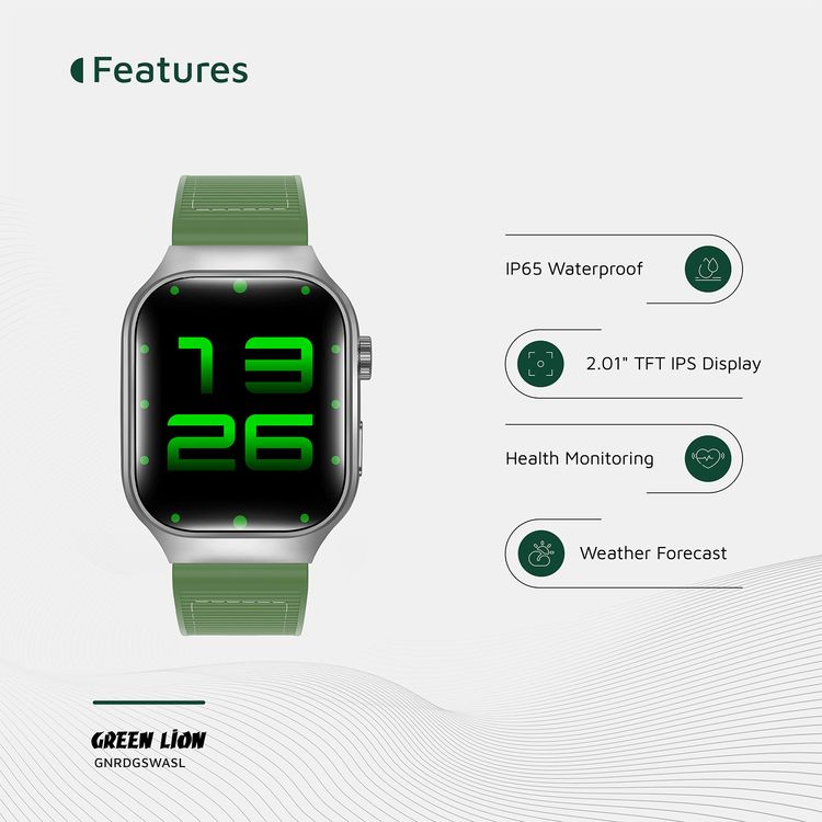 Green Lion Ridge Smart Watch with Magnetic Charging, Bluetooth Calls, Music Player, Health Monitoring, Metal Case Material, PU Leather Strap Material - Silver / Green