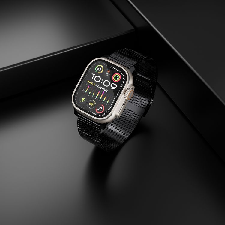 Levelo Ferra Milanese Watch Strap with Adjustable Length, Compatible with 49/46mm Smartwatches & Apple Watch SE, Series 9, 8, 7, 6, 5, Hypoallergenic Material, 24/7 Wearability, Water-Resistant, Anti-Oxidation Technology - Matte Black