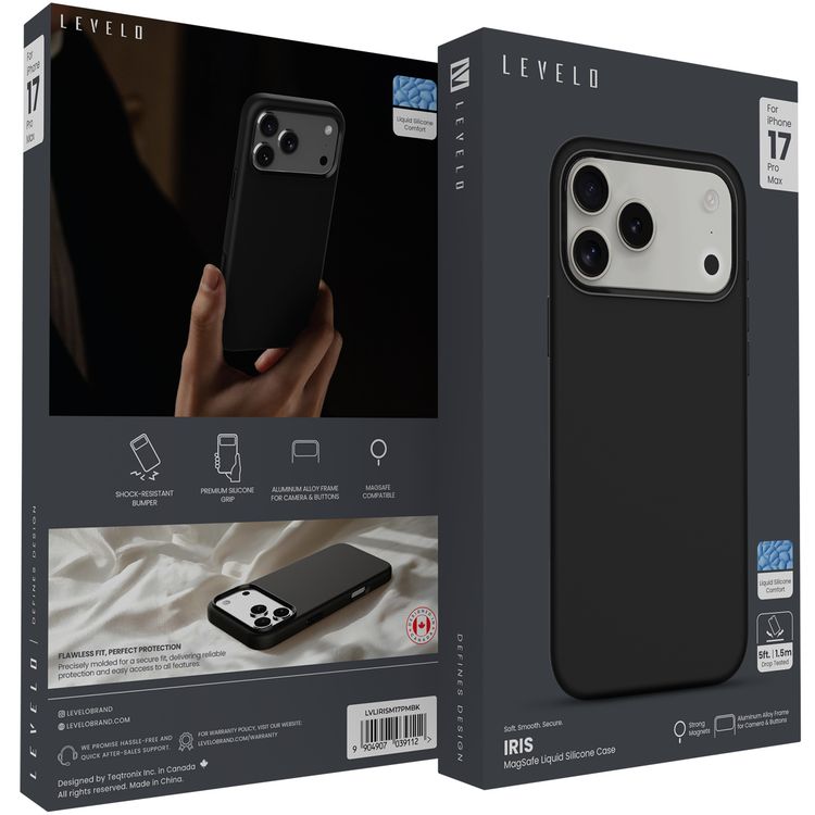 Levelo Iris MagSafe Liquid Silicone Case for iPhone 17 Pro Max, Strong Magnets, Drop-Tested, Aluminum Alloy Frame for Camera & Buttons, Shock-Resistant Bumper, Premium Silicone Grip - Black