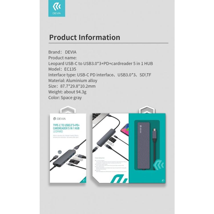 Devia Leopard 5 in 1 HUB Adapter Type-C (USB 3.0*3+PD+Cardreader) Lightweight Multi-port Adapter with Metal Texture - Wear & Oxidation Resistance - High Speed Transmission - Gray