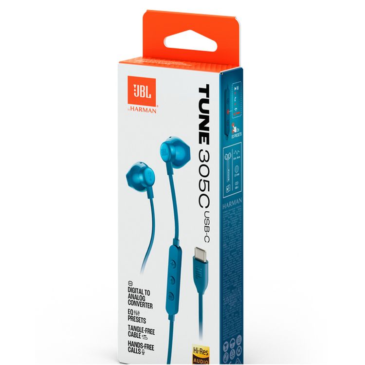 سماعات JBL Tune 305C USB-C سلكية داخل الأذن عالية الدقة، متوافقة مع أجهزة USB-C، محول رقمي إلى تناظري، إعدادات مسبقة للمعادل - أزرق