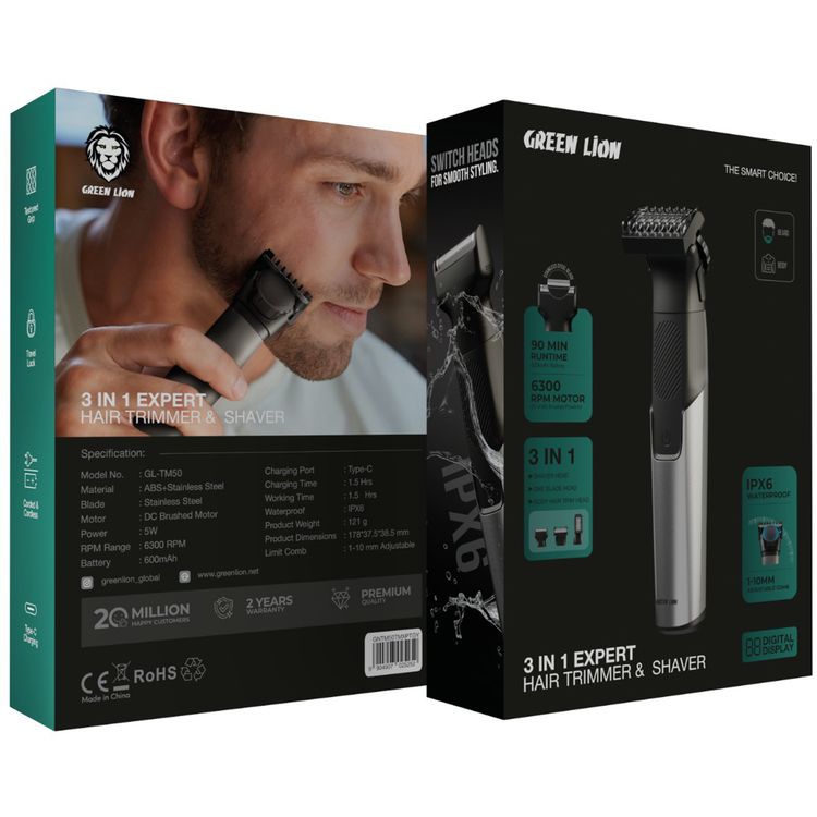 Green Lion 3-in-1 Expert Hair Trimmer & Shaver, 1.5 Hours Working Time, 1-10 mm Adjustable Comb, Corded & Cordless Use, Travel Lock, Digital Display, 600mAh Battery, 5W Power - Gray