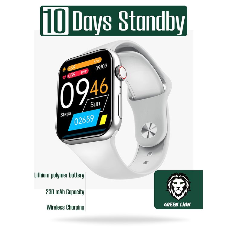 Green Lion Active Pro Smart Watch with Silicone Strap Included, Double Tap Function, Waterproof, Full Round Display, 230mAh Battery Capacity, Long Battery Life - Silver