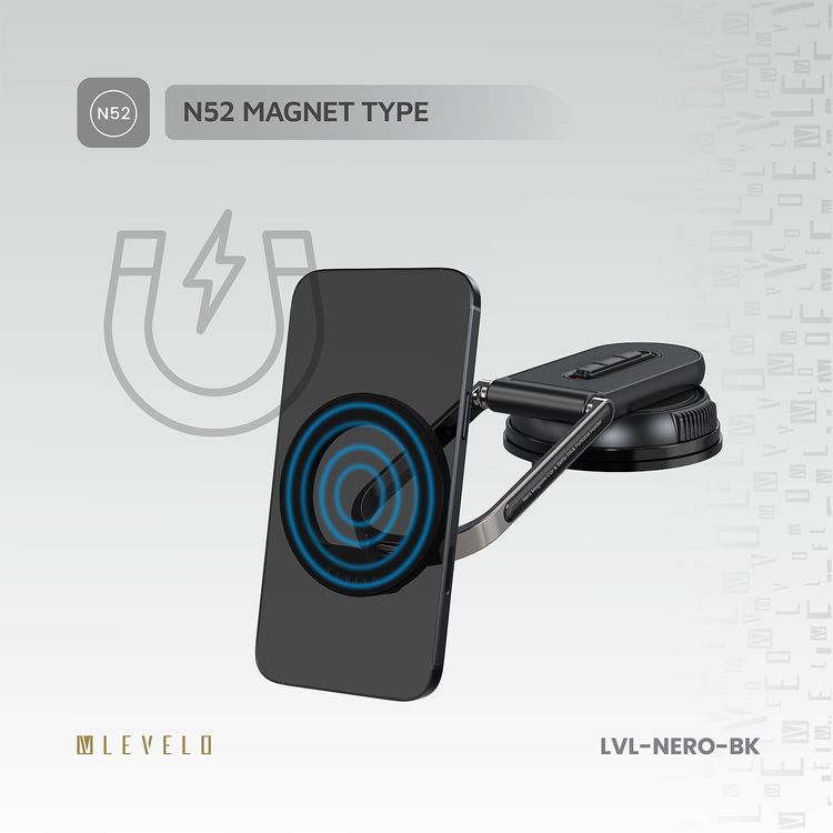 Levelo Nero MagSafe Car Holder & Selfie Stick with Foldable Design, N52 Magnet, Adjustable Angle, Strong Suction Type, Universal Compatibility - Black