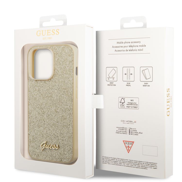 Guess PC/TPU Glitter Flakes Case with Script Metal Logo iPhone 14 Pro Max Compatibility - Gold