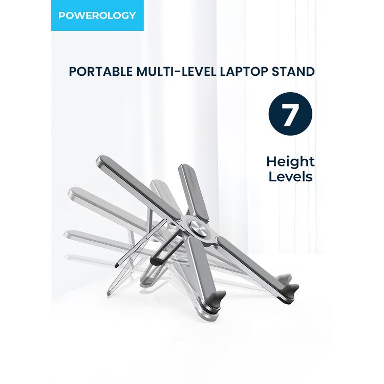 Powerology Aluminum Alloy Foldable Laptop Stand with 20kg Maximum Weight Capacity, Up to 17" Device Compatibility, 7 Adjustable Height Levels - Silver
