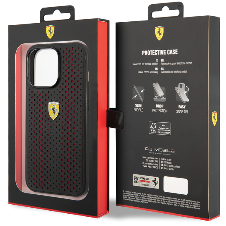 Ferrari PU Leather Perforated Case with Nylon Base & Yellow Shield Logo iPhone 14 Compatibility - Red