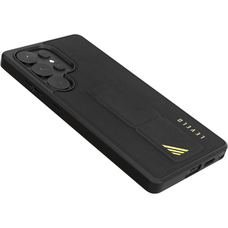 Levelo Morphix PU Leather Case for Samsung Galaxy S25 Ultra, Built-in Leather Kickstand, Scratch-Resistant, Impact-Resistant Corners, Hybrid Case - Black