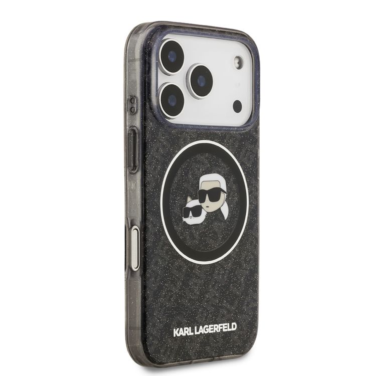 Karl Lagerfeld MagSafe IML Glitter & KL Repeated Case with Karl & Choupette for iPhone 17 Pro Max, Slim Profile, Drop Protection, Easy Snap-On, Sustainable Packaging, Comfortable Grip, Lightweight Design - Black