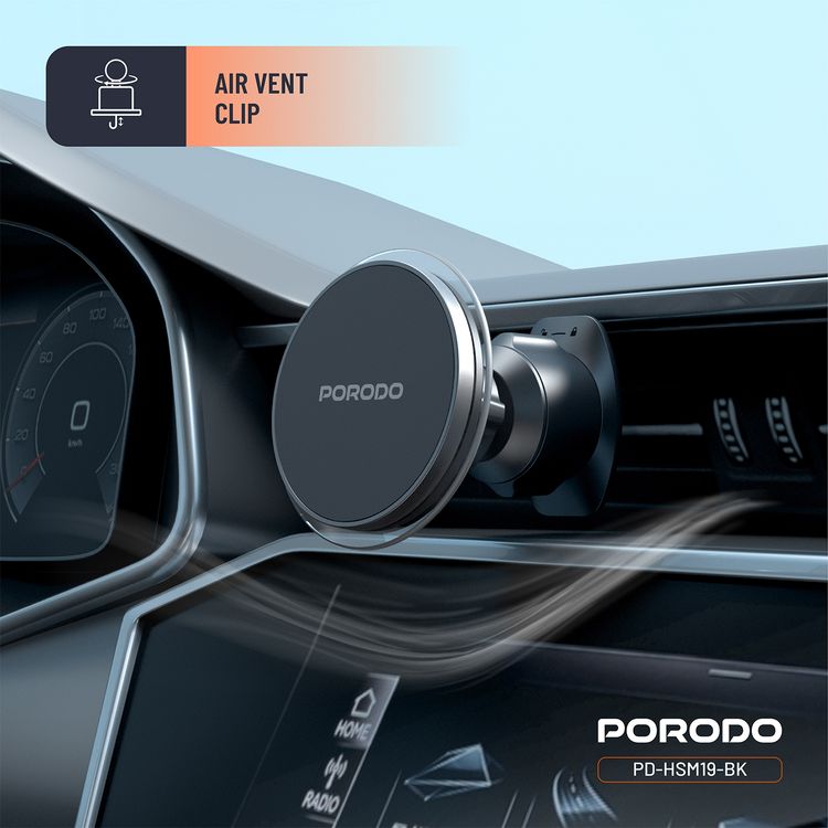 Porodo Magsafe Magnetic Air Vent and Dash Mount with 350g Weight Capacity, Hook, 12.5–29mm Clamping Range, 16 x N55 Magnets, Adjustable Viewing Angle - Black