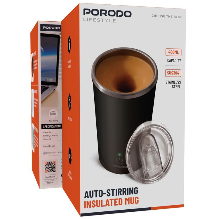 كوب بورودو لايفستايل المعزول ذو التحريك التلقائي بسعة 400 مل، قاعدة مانعة للانزلاق، سعة بطارية 300 مللي أمبير، وقت خلط 120 ثانية مع توقف تلقائي - أسود