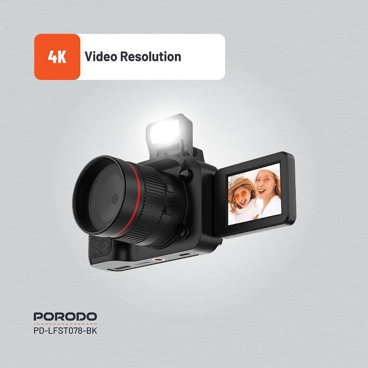 Porodo Lifestyle Mini Digital Camera with 64GB Memory Card, 650mAh Battery Capacity, 180° Flip Screen, 3 Hours Working Time, 2.2" Screen, 16× Zoom, 4K Video, 2.5 Hours Charging Time - Balck 