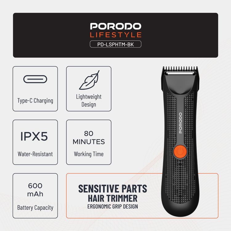 Porodo Lifestyle Sensitive Parts Hair Trimmer, 3.7V 600mAh Battery Capacity, 80 Minutes Working Time, 90 Minutes Charging Time, Ergonomic no-Slip Handle, IPX5 Water-Resistant - Black
