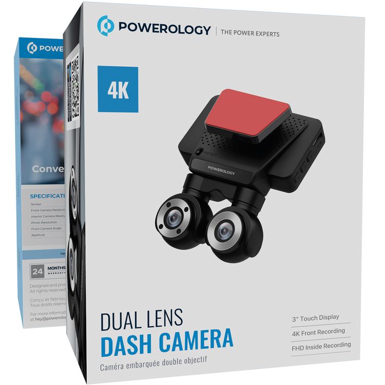 Powerology Dual Lens Dash Camera with Collison Detection, Night Vision, 4K Resolution, Parking Monitor, FHD Inside Recording, 3" Touch Display, 140° Front Camera Angle - Black