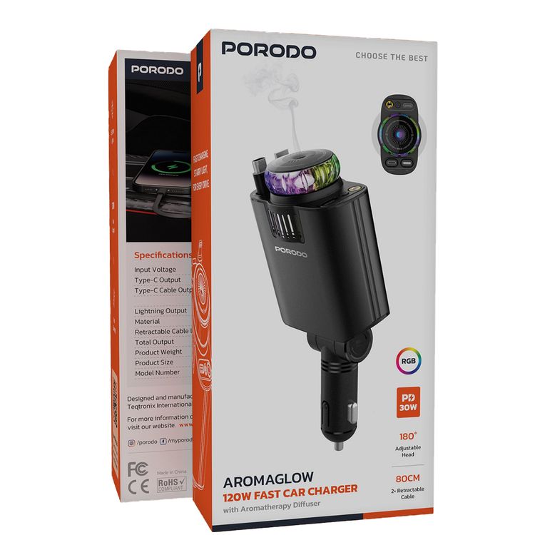 Porodo Aromaglow 120W Car Charger with Aromatherapy Diffuser, Fast Charge Support, PD 30W, 180° Adjustable Head, 2× 80cm Retractable Cables, Type-C Port, ABS + PC & Aluminum Alloy Material, LED Starry Lights, RGB Light - Black