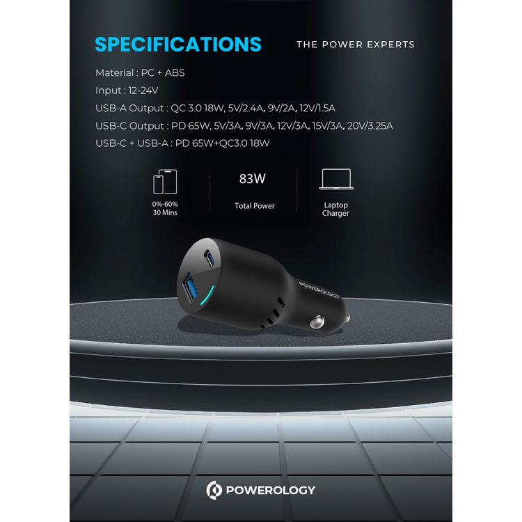 شاحن سيارة باورولوجي ثنائي المنافذ مع PD 65 وات و QC3.0 18 وات، منافذ USB-A و USB-C، مصنوع من مادة PC و ABS، حماية مدمجة، شحن سريع، تصميم حاصل على براءة اختراع، شاحن كمبيوتر محمول - أسود