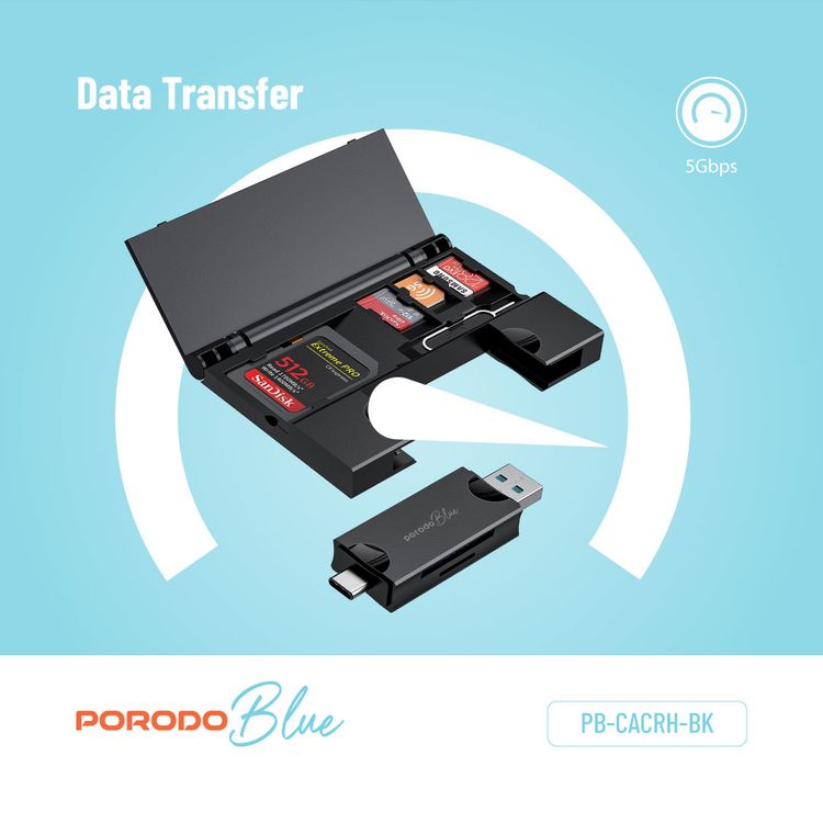 Porodo Blue 2-in-1 Card Reader with 5 Storage Slots, 5Gbps Data Transfer Speed, SD and Micro SD Card Slots, V3.0 USB and Type-C Connector, Compact and Portable - Black