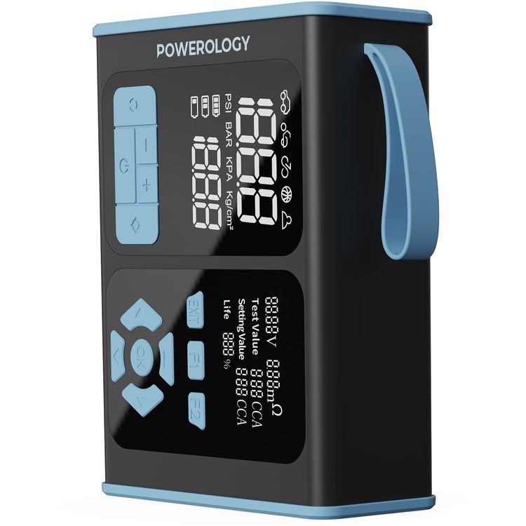 Powerology All-In-One Car Emergency Solution with Jump Starter, Air Inflator, OBD II Car Fault Diagnosis Toll, Smart Inflation System, 0.01-Bar Precision, Universal Device Charging, Digital Pressure Display, Large Battery Capacity, Multi-Vehicle Ready - Black/Blue