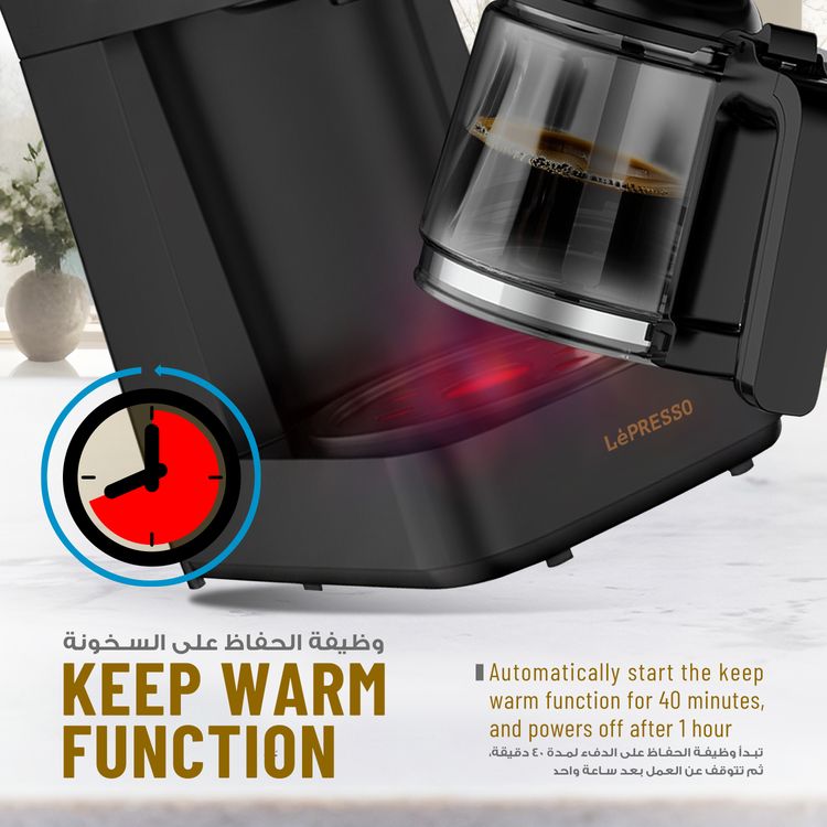LePresso Drip Coffee Machine with Interactive Touch Display, 400mL Travel Mug Capacity, 10 Cups Coffee Carafe, Washable Nylon Filter, Keep Warm Function, Quick Drew, 1.38L Water Tank Capacity - Black