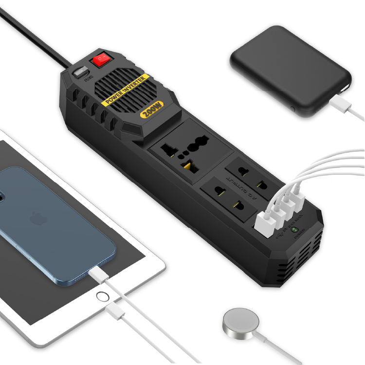 جهاز العاكس للطاقة Green Lion Stark Plus بقدرة تشغيل 200 واط، و4 منافذ USB-A، وحماية من السخونة الزائدة والتحميل الزائد، وإخراج تيار متردد بجهد 110 فولت، وحماية من الفولطية العالية، وحماية من عكس الطاقة - لون أسود