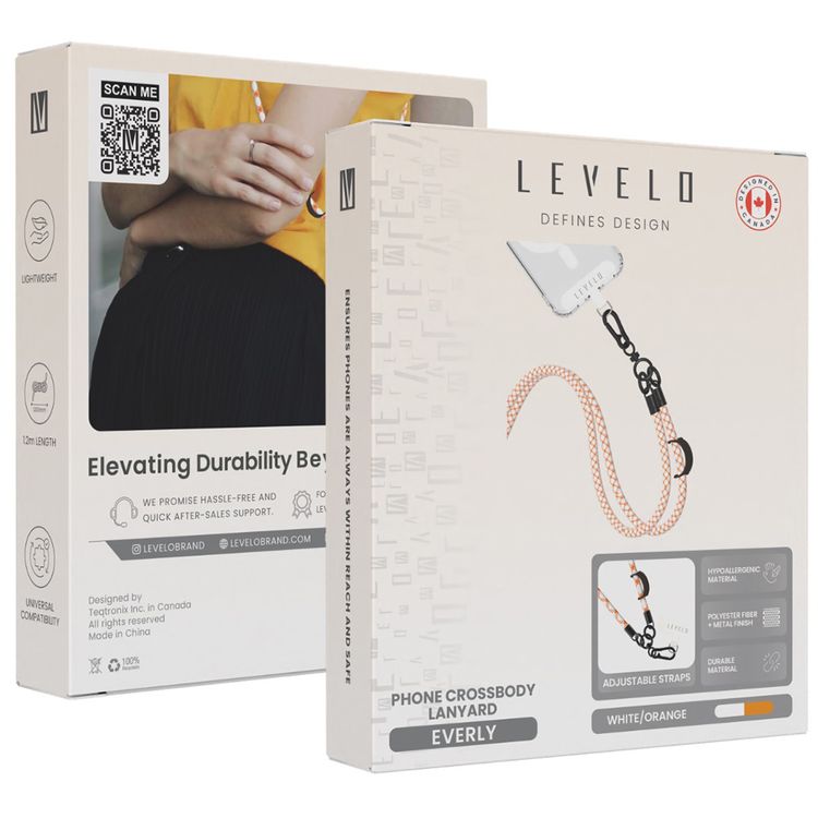 Levelo Everly Phone Crossbody Lanyard, 1.2m, Polyester Fiber, Metal Finish, Lightweight, Durable Material, Adjustable Straps, Universal Compatibility, Hypoallergenic Material - Orange / White