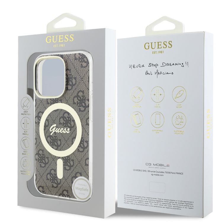 Guess MagSafe 4G Design HD Printing PC & TPU Case for iPhone 16 Pro Max, Lightweight, High-Quality Material, Drop Protection - Brown